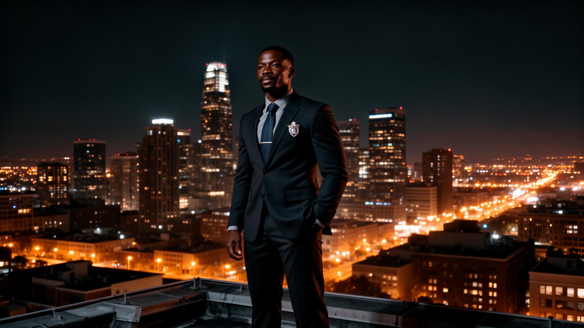Elite Amanoon security officer overlooking the American city skyline at night